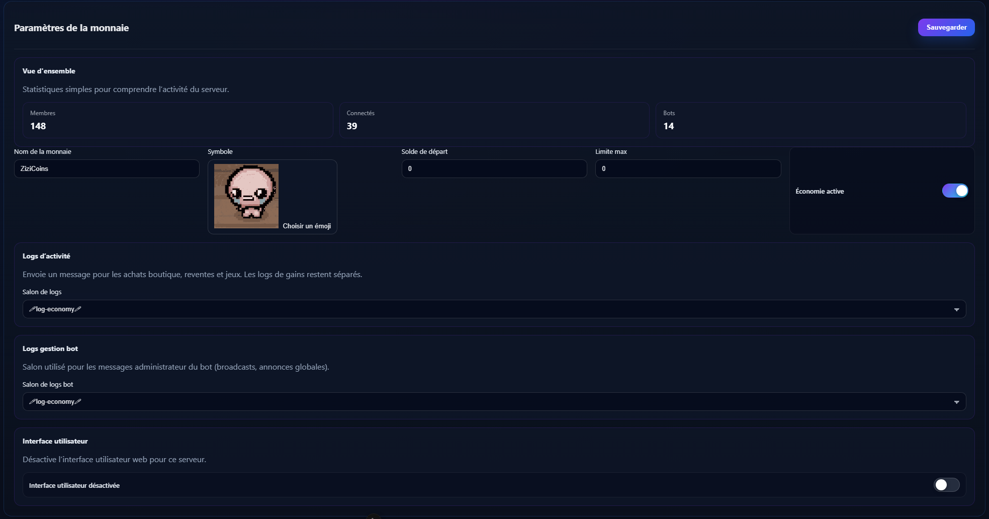 Capture d'écran du dashboard admin