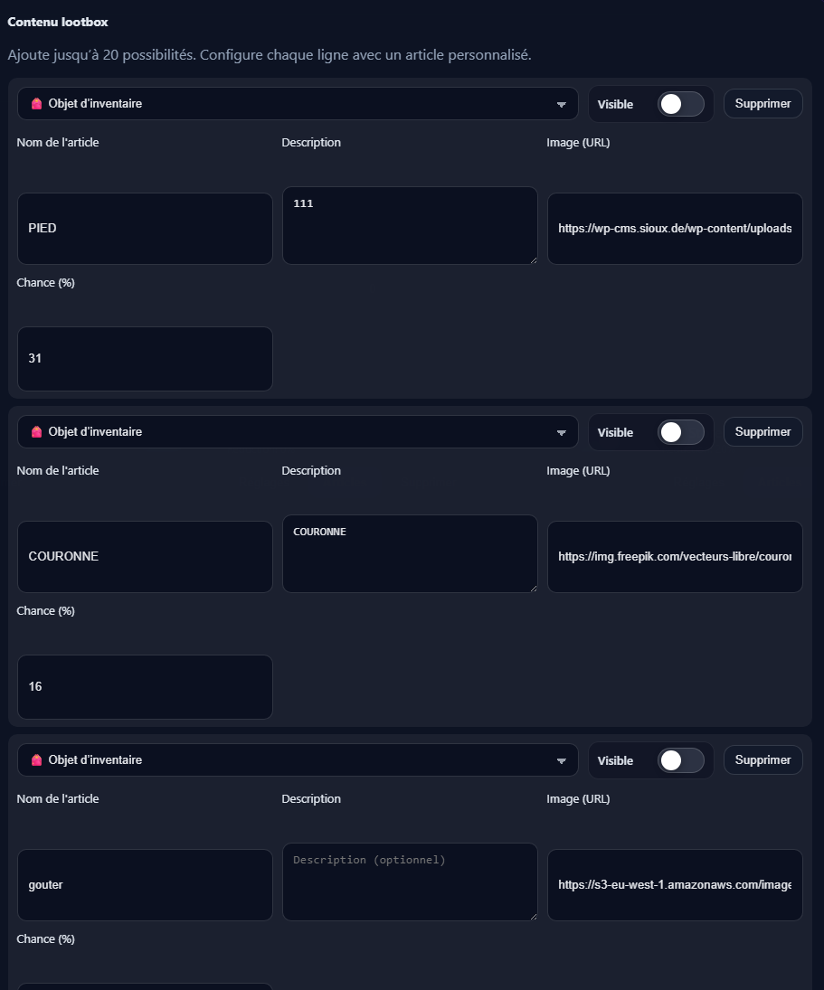 Capture de l'éditeur de lootbox