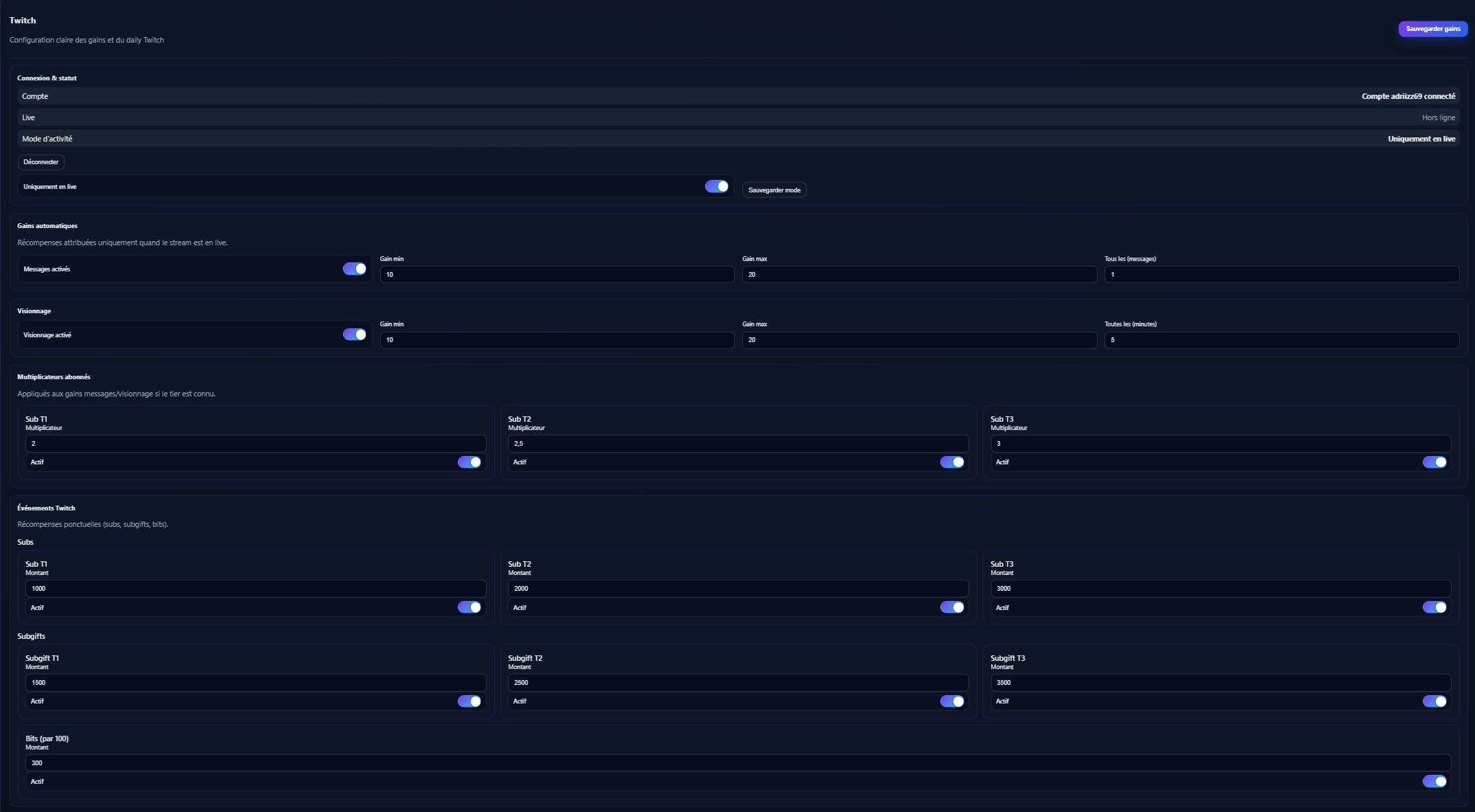 Capture des paramètres Twitch